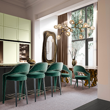 KOI II DINING TABLE, TELLUS COUNTER STOOL, TELLUS DINING CHAIR, HORUS IRREGULAR SUSPENSION LIGHT, KUMI MIRROR